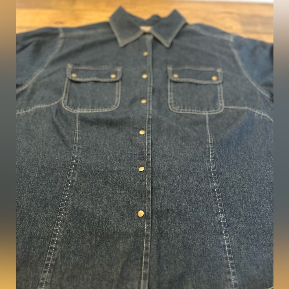 i. e Relaxed Woman Denim Snap Button Western Shirt Dark Wash Long Sleeve Utility - Picture 5 of 15